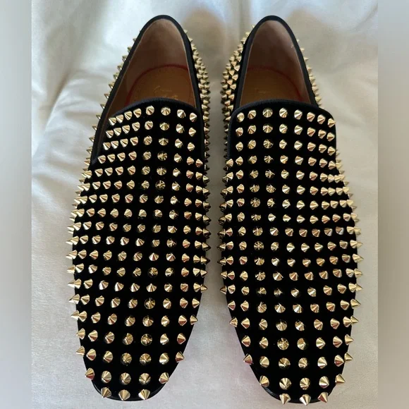 green emerald velvet dress Royal Shoes Black with Gold Spikes & Rhinestones Smoking Slip-on Red B – CC  Suits